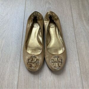 Tory Burch Gold Reva Suede Ballet Flats